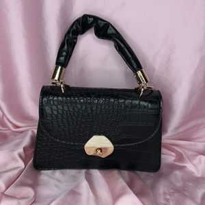 Black Faux crocodile mini handbag with gold accents